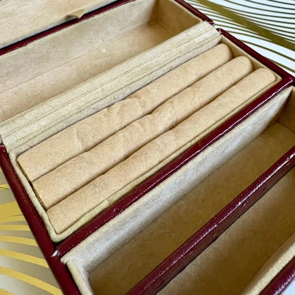 Vintage Burgundy Travel Jewelry Case Ring Roll Faux Leather Box